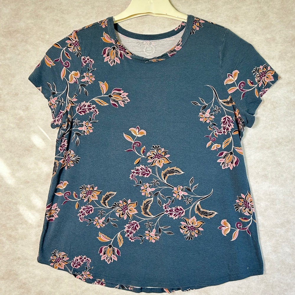 Maurice's 24/7 Teal Floral Print Short Sleeve Casual‎ Everyday Top